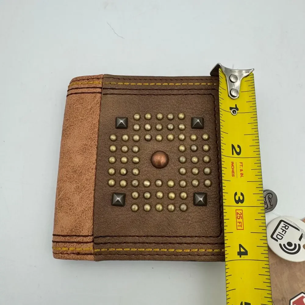Justin RFID Western Bi-Fold Wallet Brown Studded Leather NWT